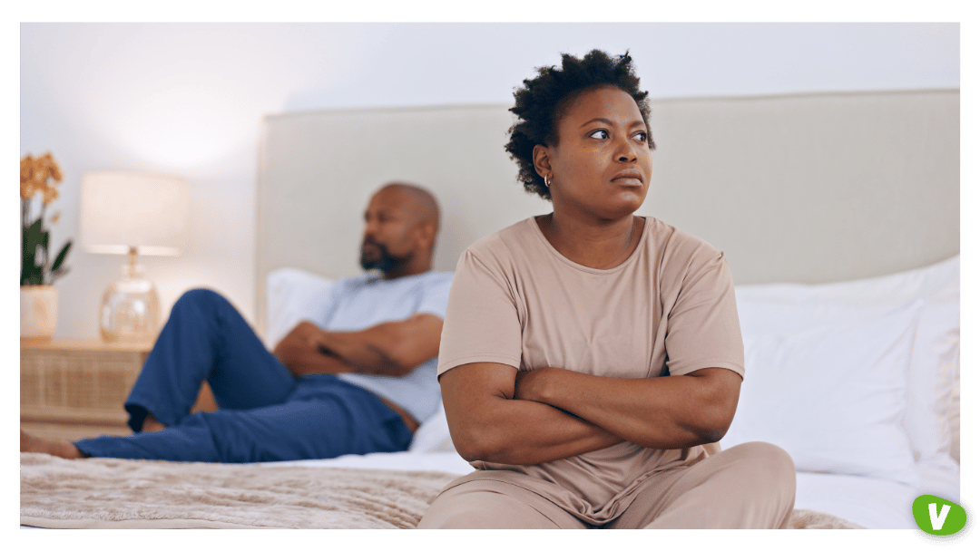 Frustrated Black Couple, Ignore and Bed in Divorce, Fight or Conflict for Argument or Disagreement at Home. African Woman and Man in Bad Marriage, Toxic Relationship or Breakup in Bedroom Dispute⁠